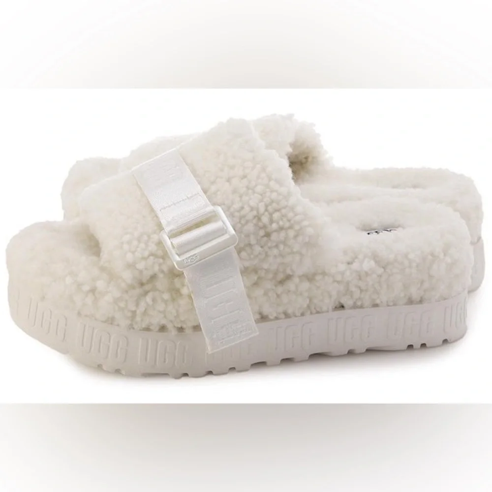 NWOB UGG Fluffita Curly Sheepskin Ivory Logo Strap Platform Slides Sz 7 - Picture 3 of 5